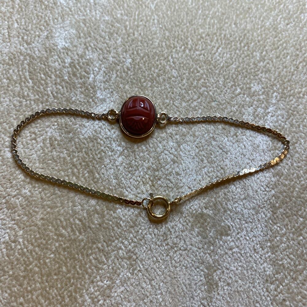 Vintage Hand Carved Carnelian Scarab bracelet 14K gold 7” Egyptian Revival MCM